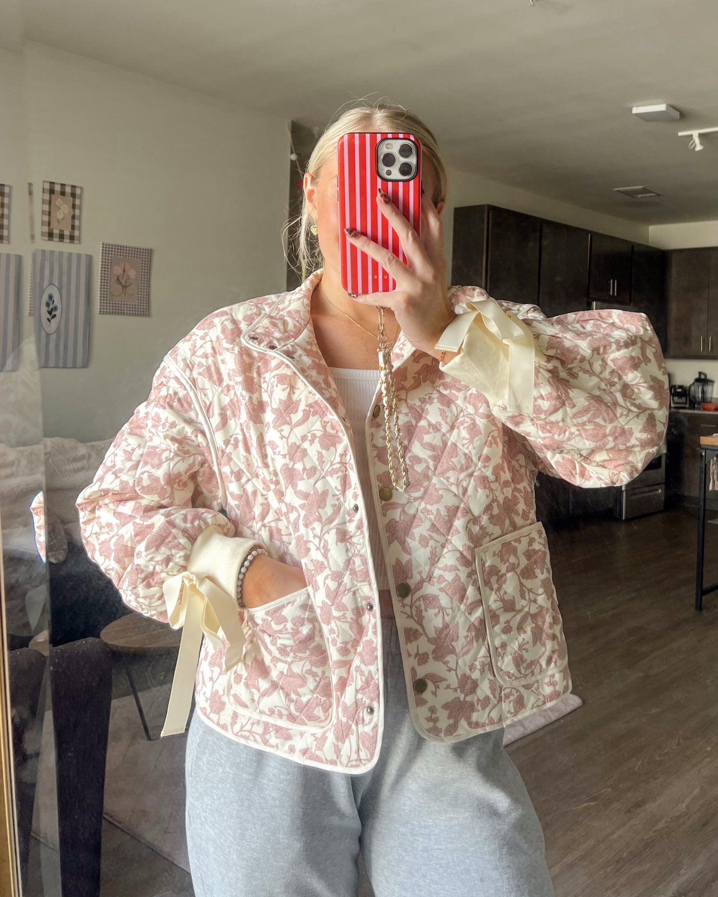 Ivory Pink Floral Quilted Jacket