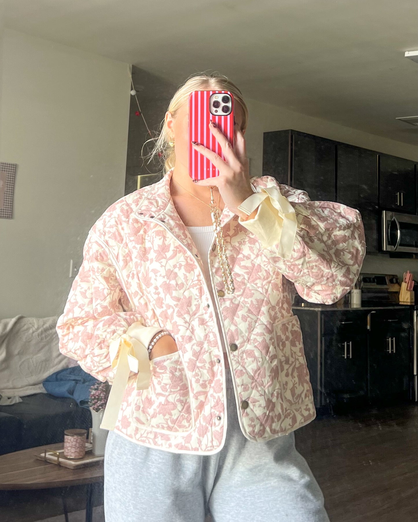 Ivory Pink Floral Quilted Jacket